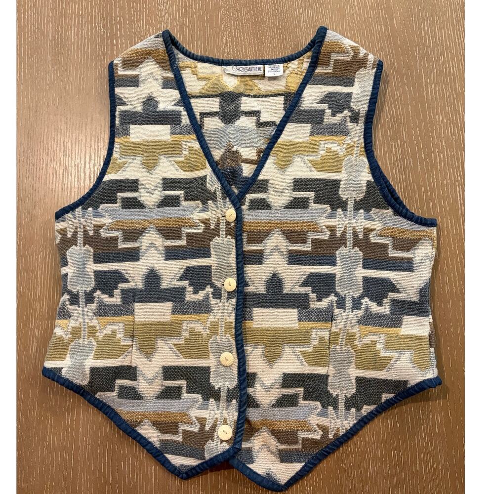 Vintage‎ Chrysantheme Womens Large Cotton Button Vest Geometric Aztec Biege Blue